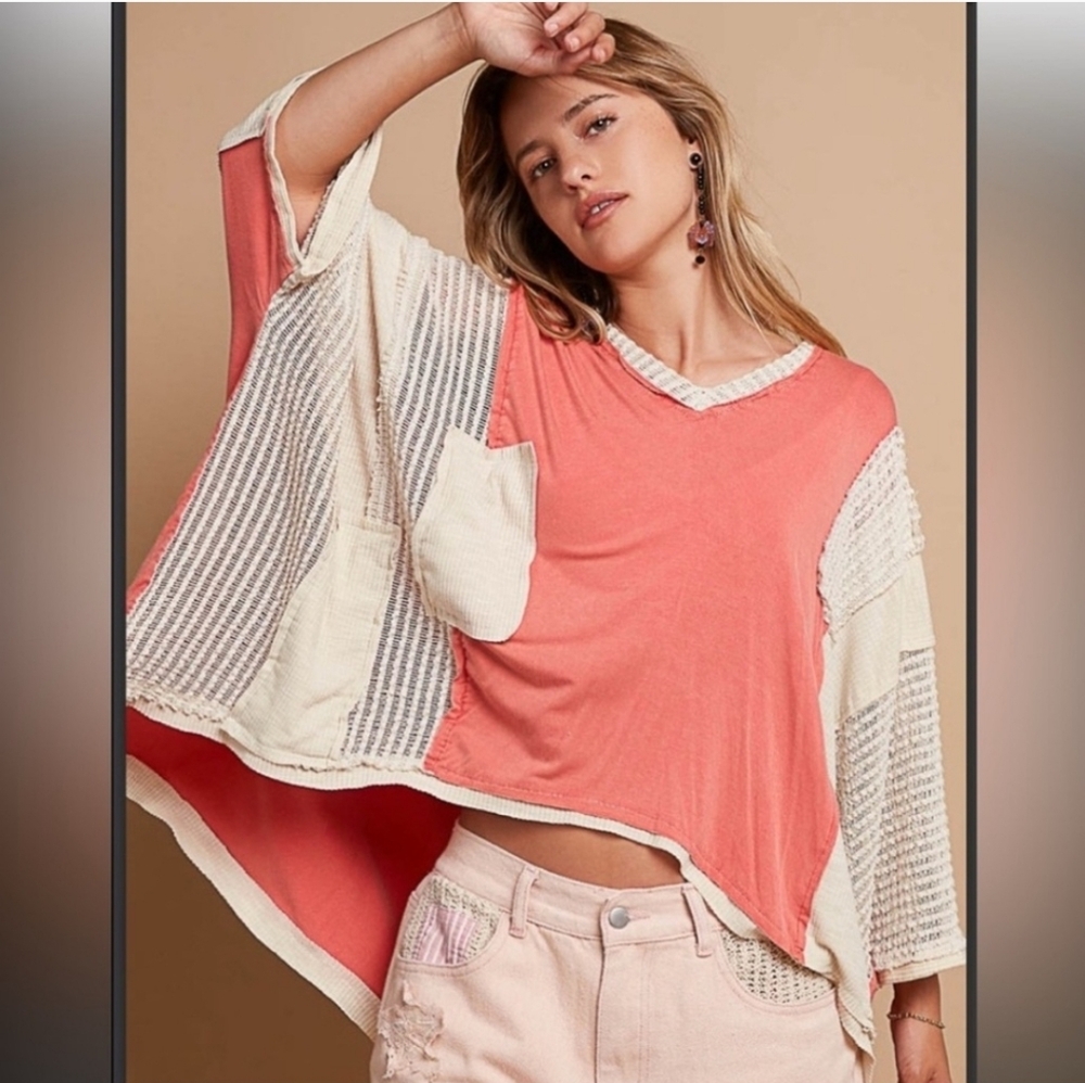 NWOT POL Coral and Cream Mixed Media Top